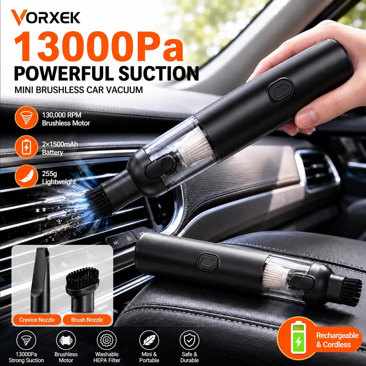 שואב אבק ומפוח אוויר אלחוטי לרכב VORXEK 13000